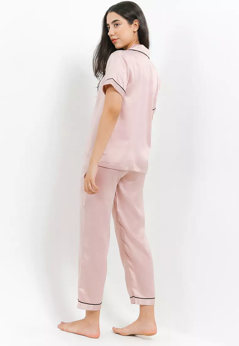 Pyjama Pijama Baju Tidur Satin Silk Short Sleeve Long Pants Sleepwear