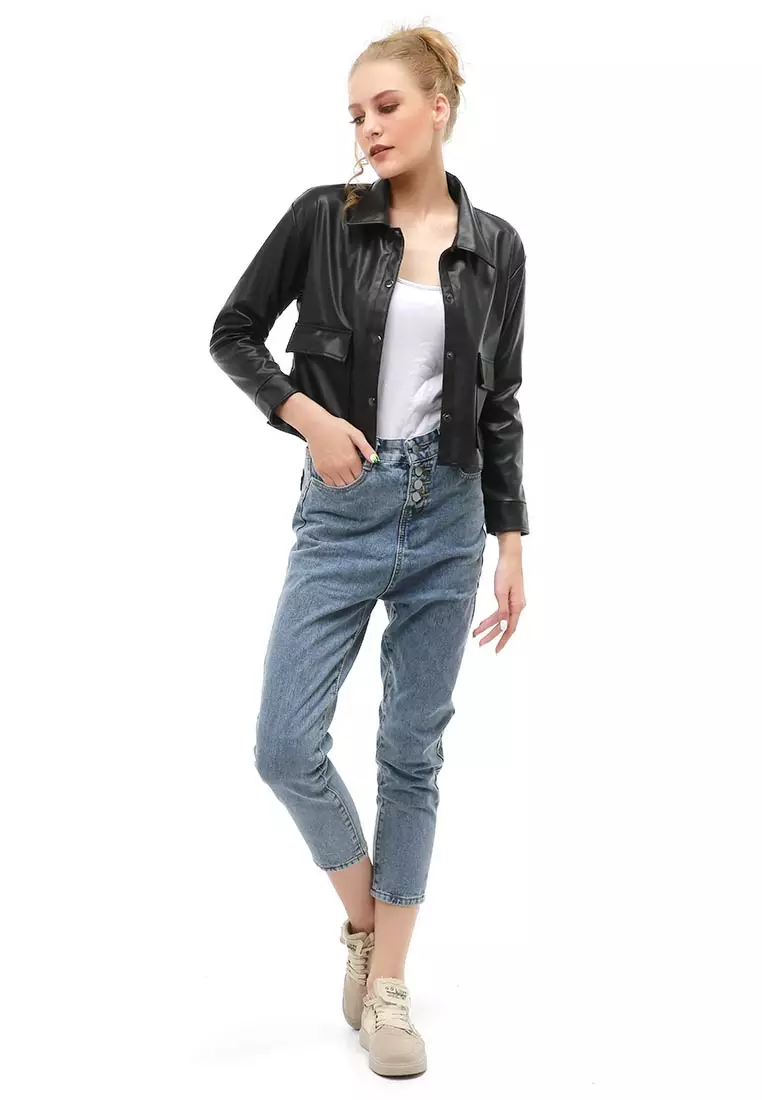 Glenice Jacket Outer Fashion Wanita Model Korea Waterproof Windproof Material Leather ORIGINAL - Black