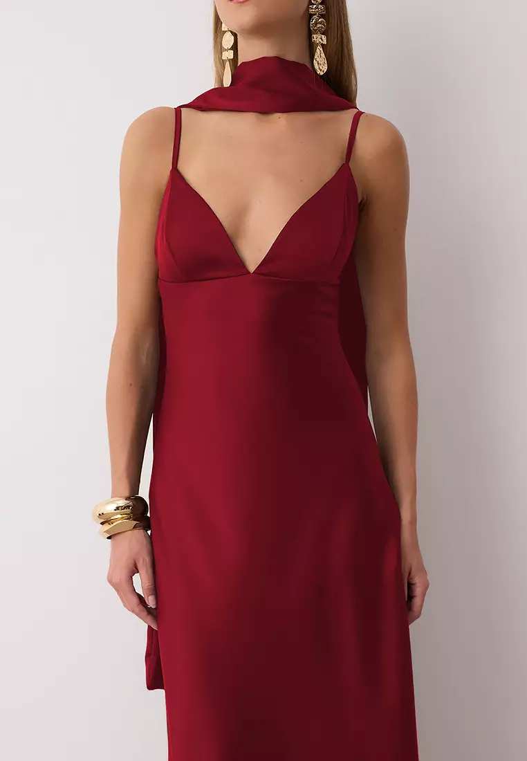 Red Shawl Detailed Satin Woven Maxi Evening Night Graduation Dress