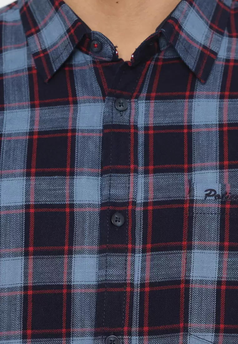 POLICE Kemeja Kotak Twill Navy Merah Regular Fit Lengan Panjang Pria