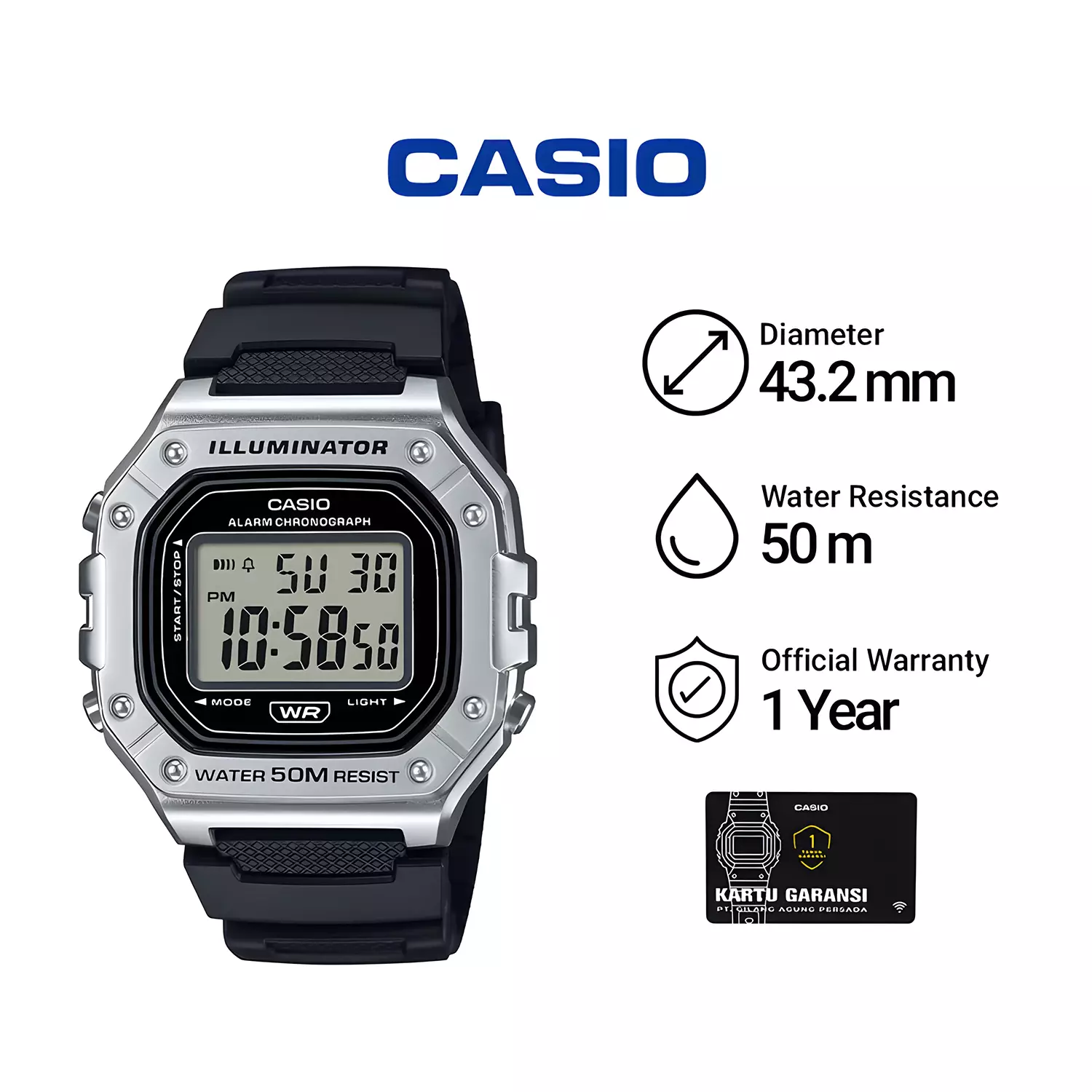 Casio Illuminator W-218HM-7A Jam Tangan Digital Pria - Silver Case - Black Resin Band