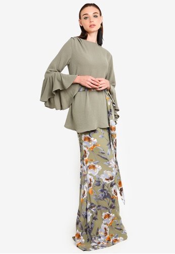 Iris Ruffled Sleeve Kurung from Justin Yap Collection in orange and Multi