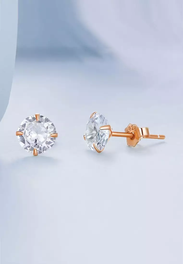Solid Silver Mary Anne Crystal Stud Earrings In Rose Gold