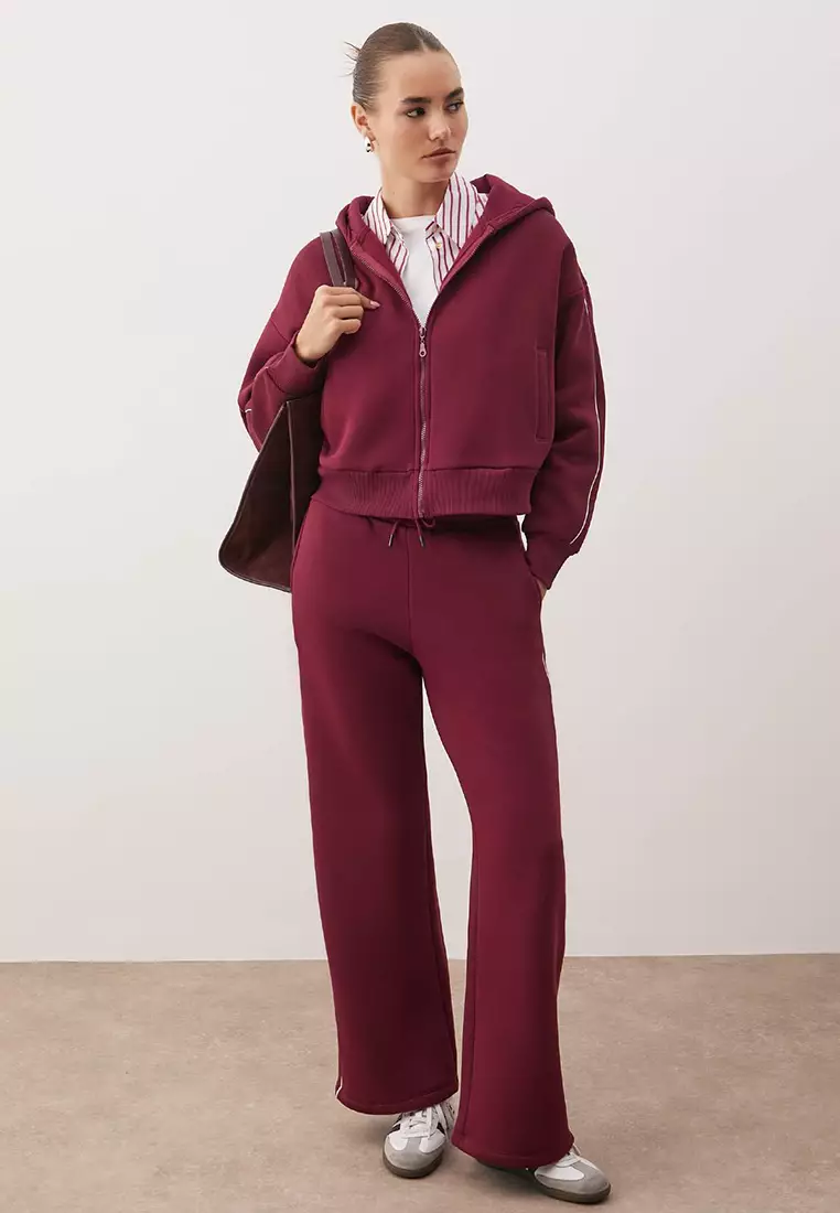 Burgundy Thick Ribbed Zippered Hooded Oversize/Wide Cut Knitted Tracksuit Set Twoaw26Em