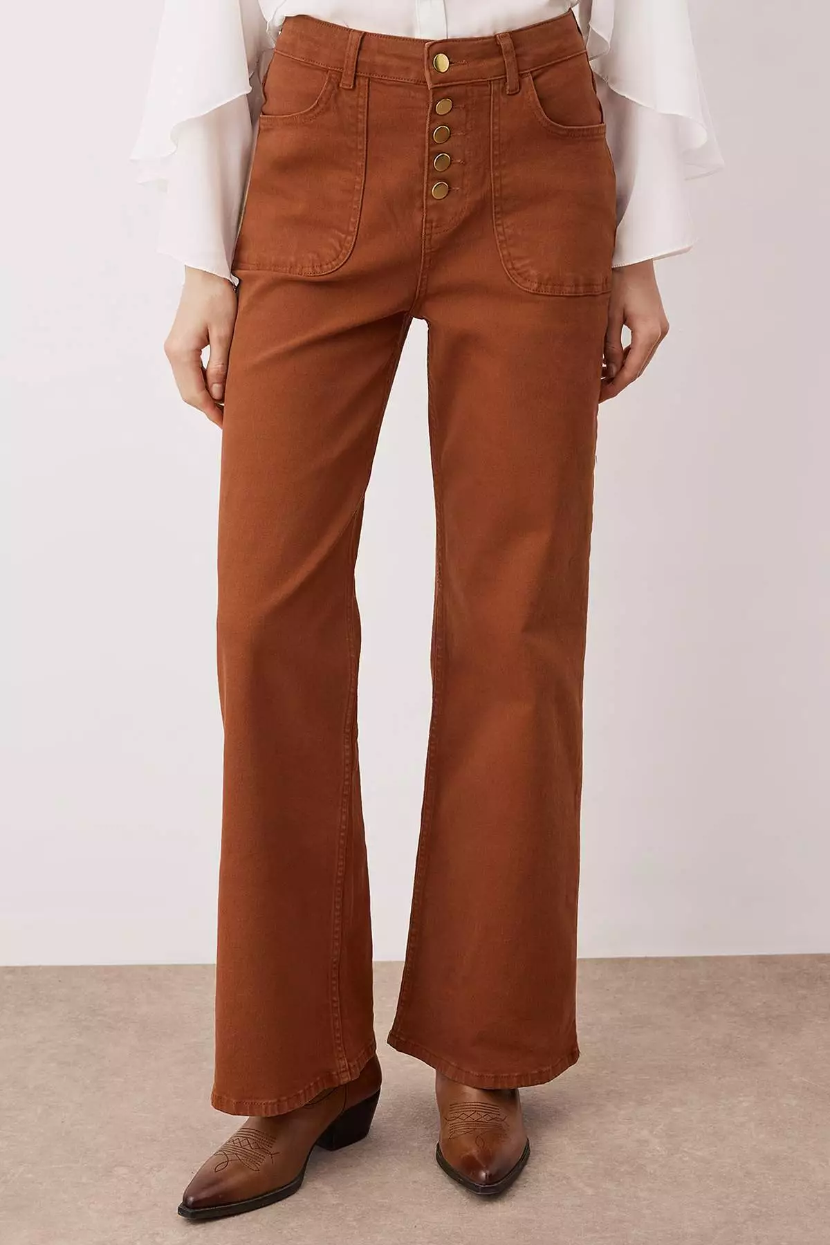 Brown Button Detailed High Waist Wide Leg Comfort Stretch Jeans