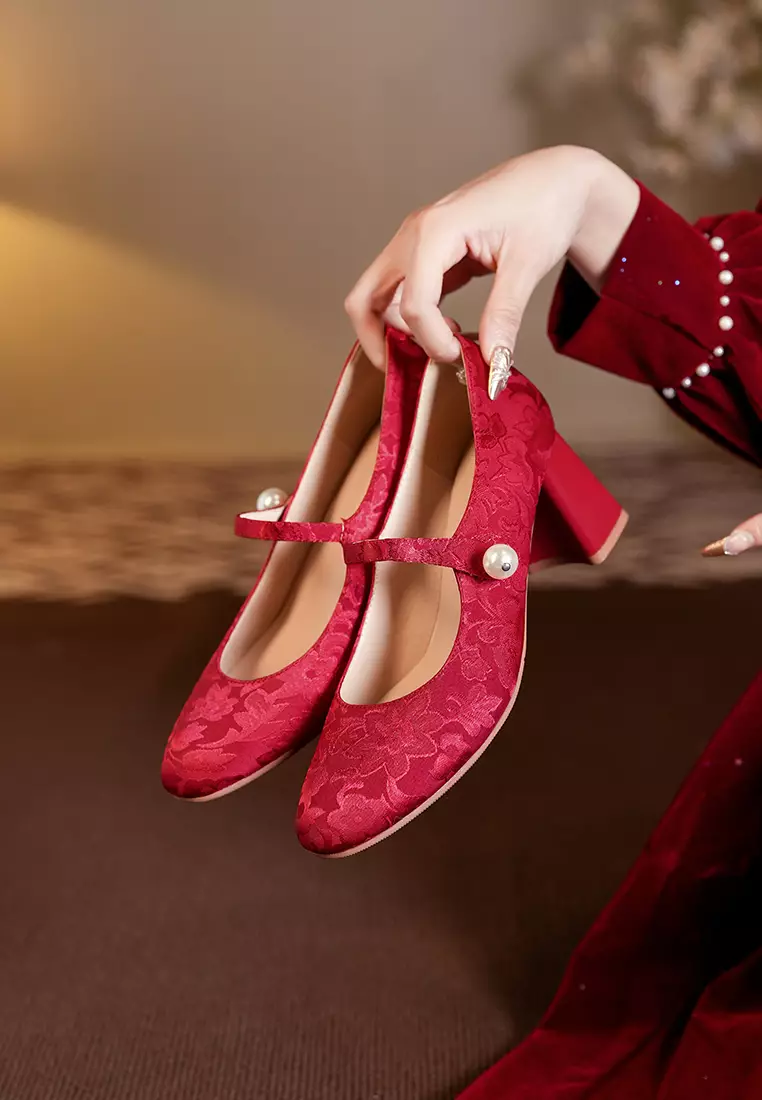7CM Pearl Strap Cotton Print Mary Jane Shoes BY664-58