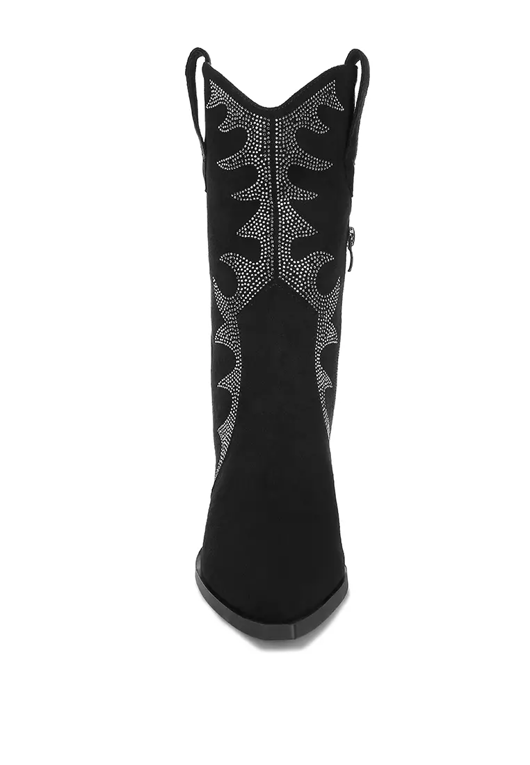 Rhinestones Embellished Calf Boots in Black