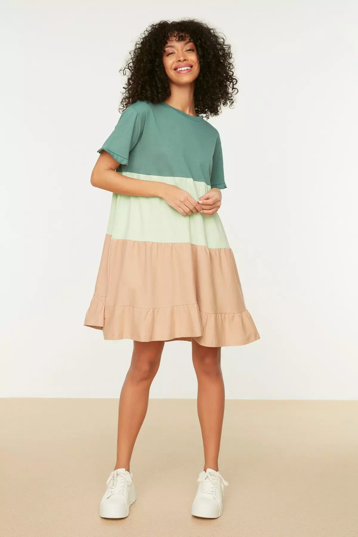 Green 1% Cotton Color Blocked Shift/Plain Mini Knitted Dress Twoss2El1638