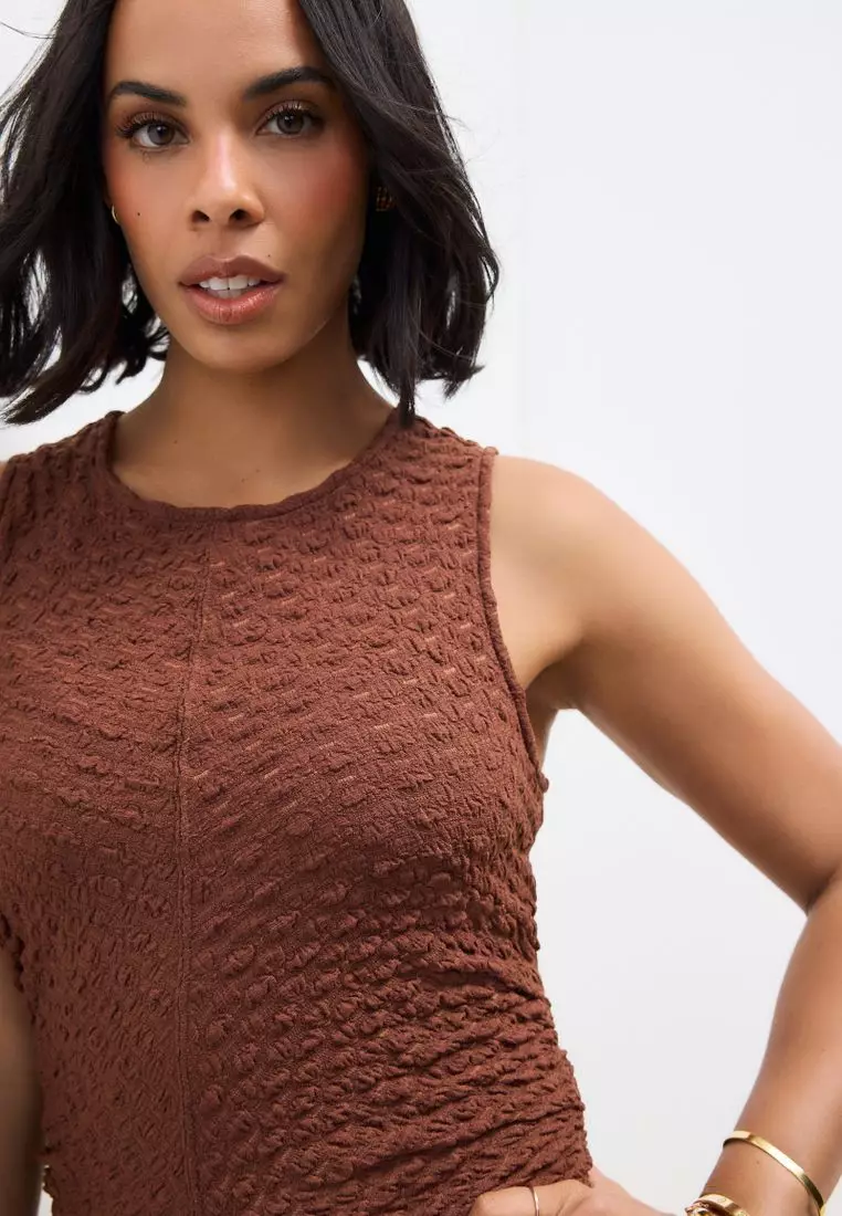 Sleeveless Textured Ruched Midi Dress