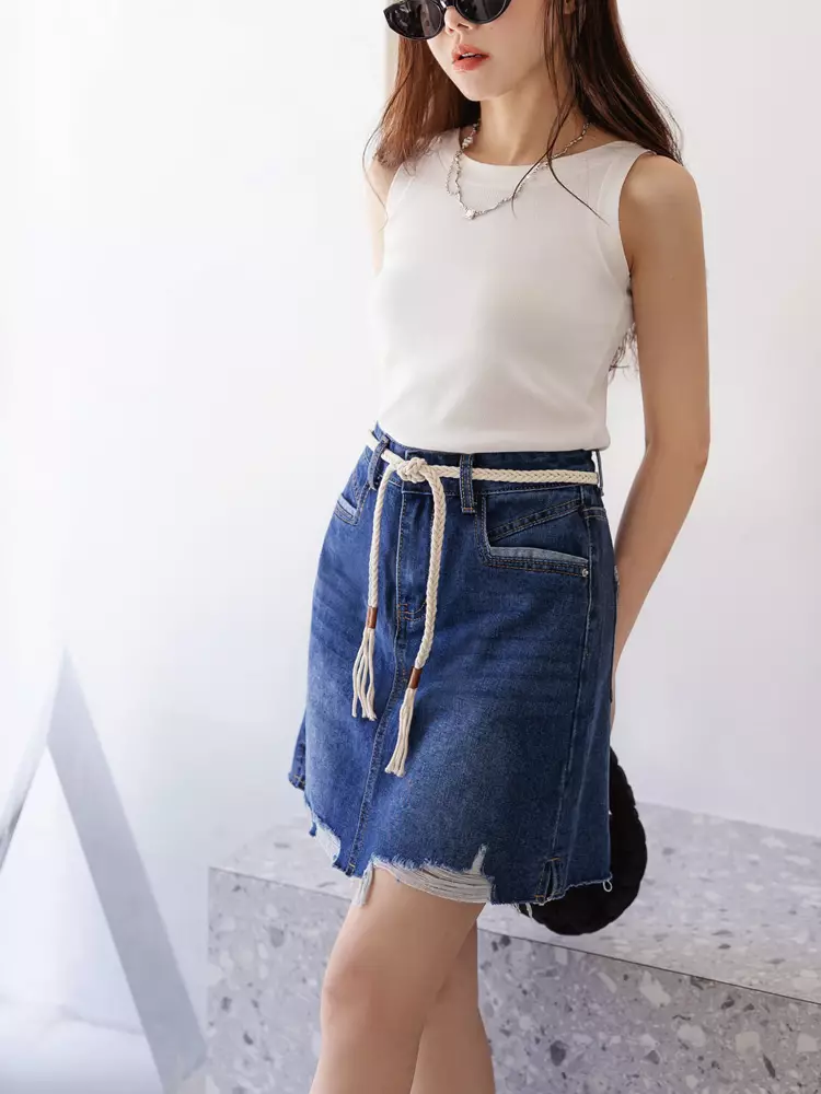 純棉刷破牛仔腰綁帶A字短裙《CA2923》