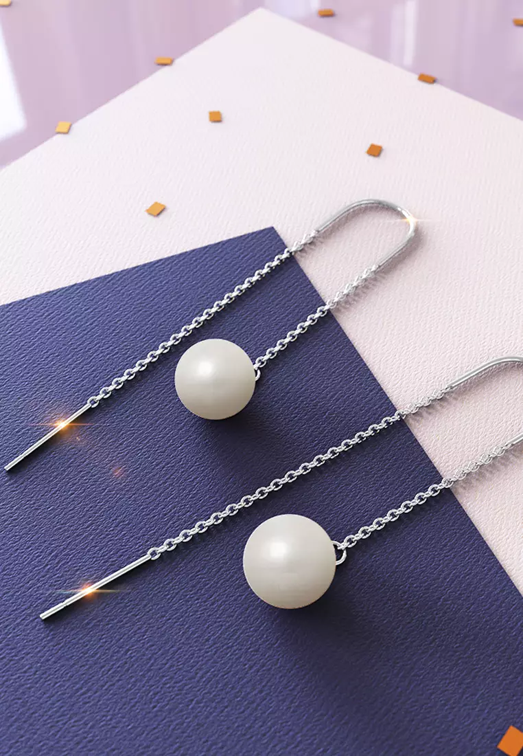 925 SIGNATURE Pearl Threader Earrings-Silver/Pearl White