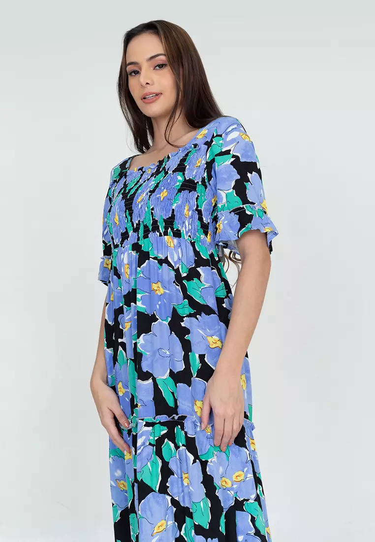Baizou Floral Print Smocking Maxi Dress