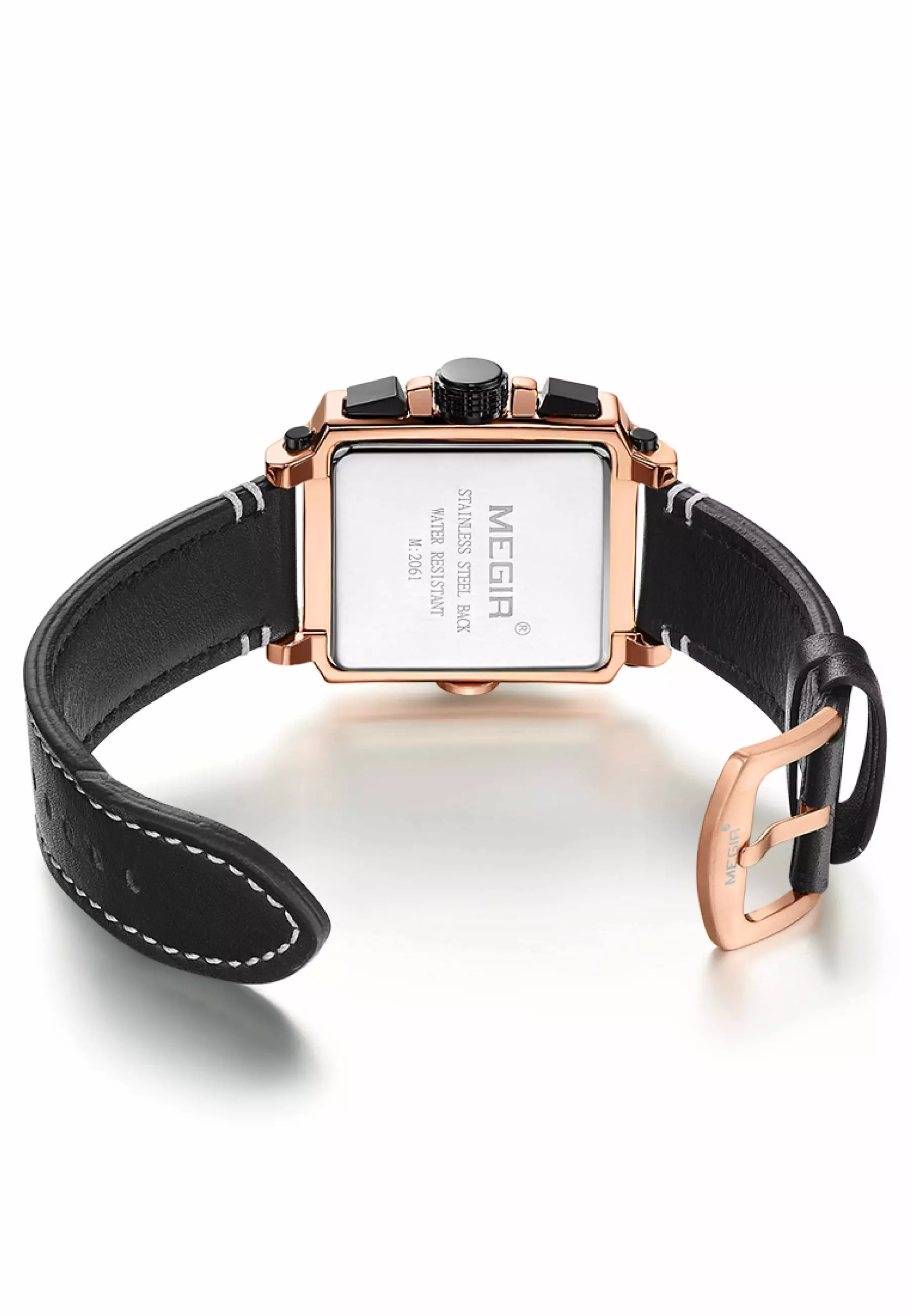 Buy Megir Square Rose Gold Dial Black Leather Strap Chronograph