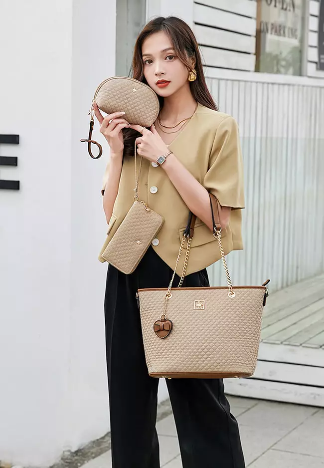 Women's 3 in 1 Quilted Bag - Tote Bag / Wallet / Pouch (Tas 3 in 1 - Tas Jinjing / Dompet Wanita / Kantong Wanita) - Krem