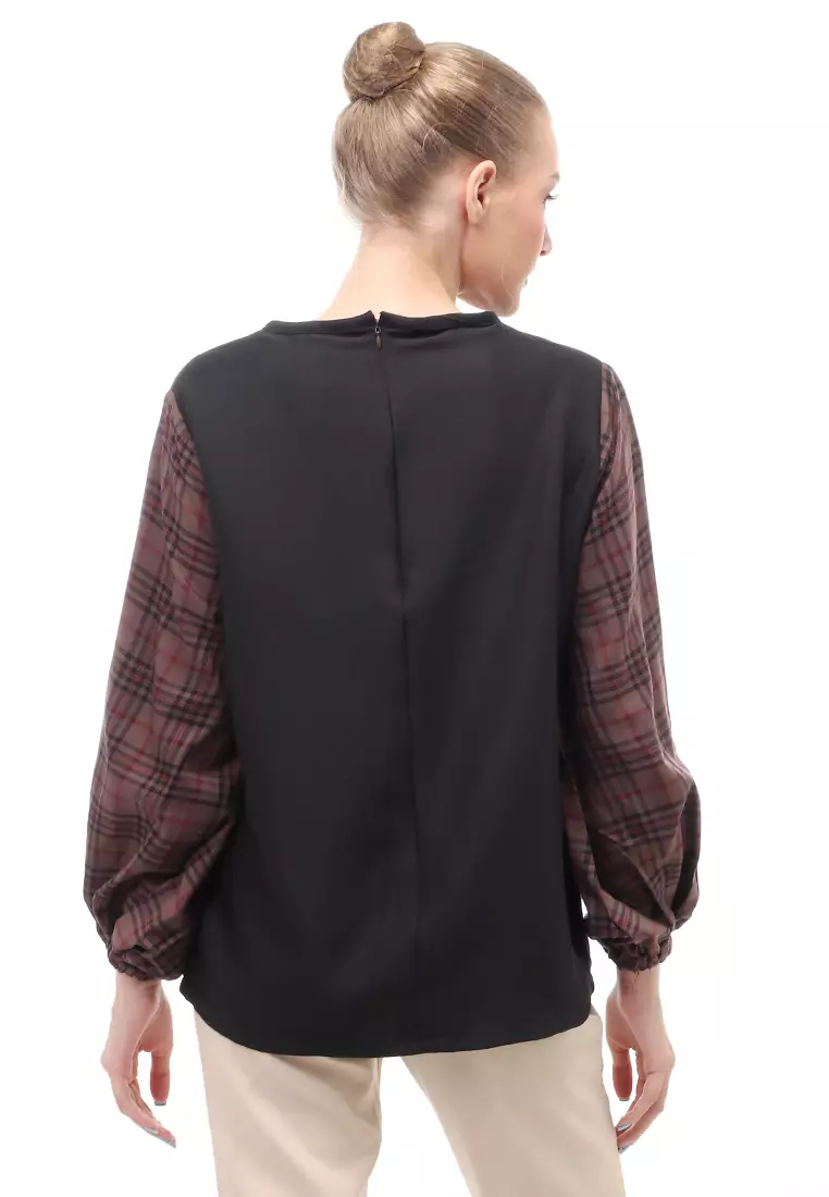 Shana Blouse Dual Tone Color Lengan Puff Atasan Wanita - Brown
