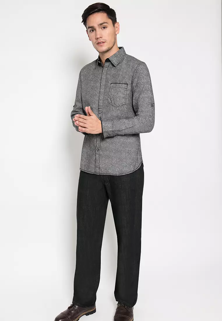 LGS - Slim Fit - Kemeja Casual Pria - Kemeja Lengan Panjang - Hitam - Motif Polos - JSH.392.S924F.733.C-L/S