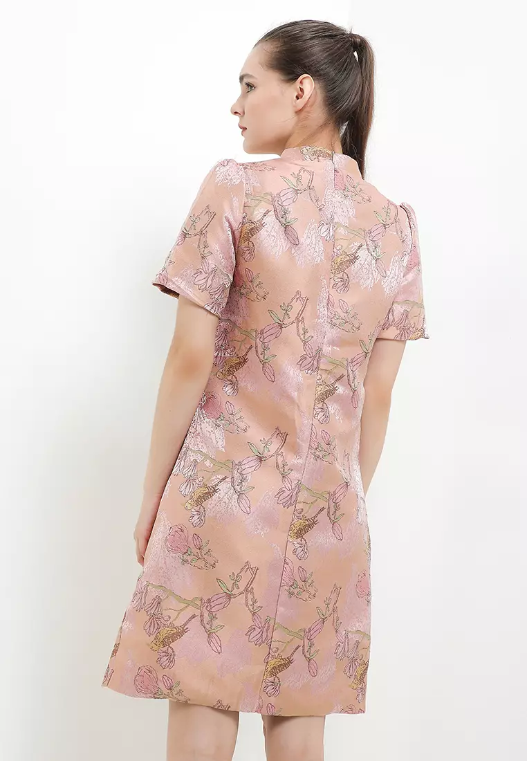 Puff Sleeves Flo Jacq Print Qipao Dress W/ Flo Brooch
