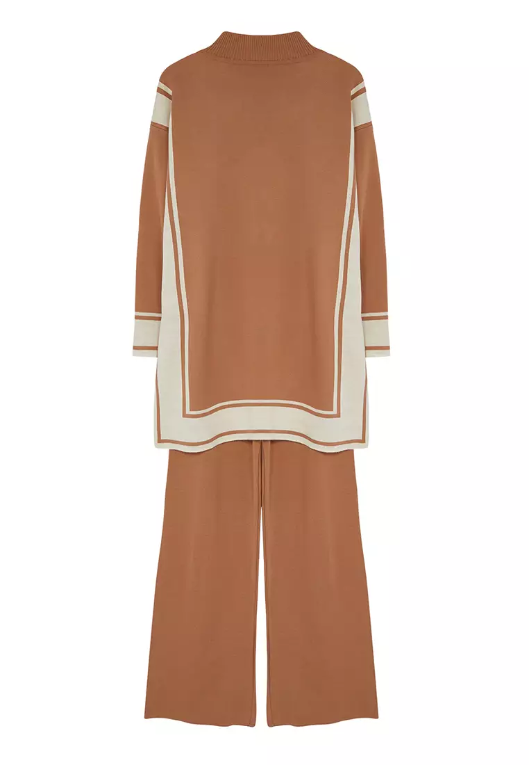 Camel Relaxed Cut Knitwear Striped Tunic-Pants Bottom-Top Set TCTAW24US00057
