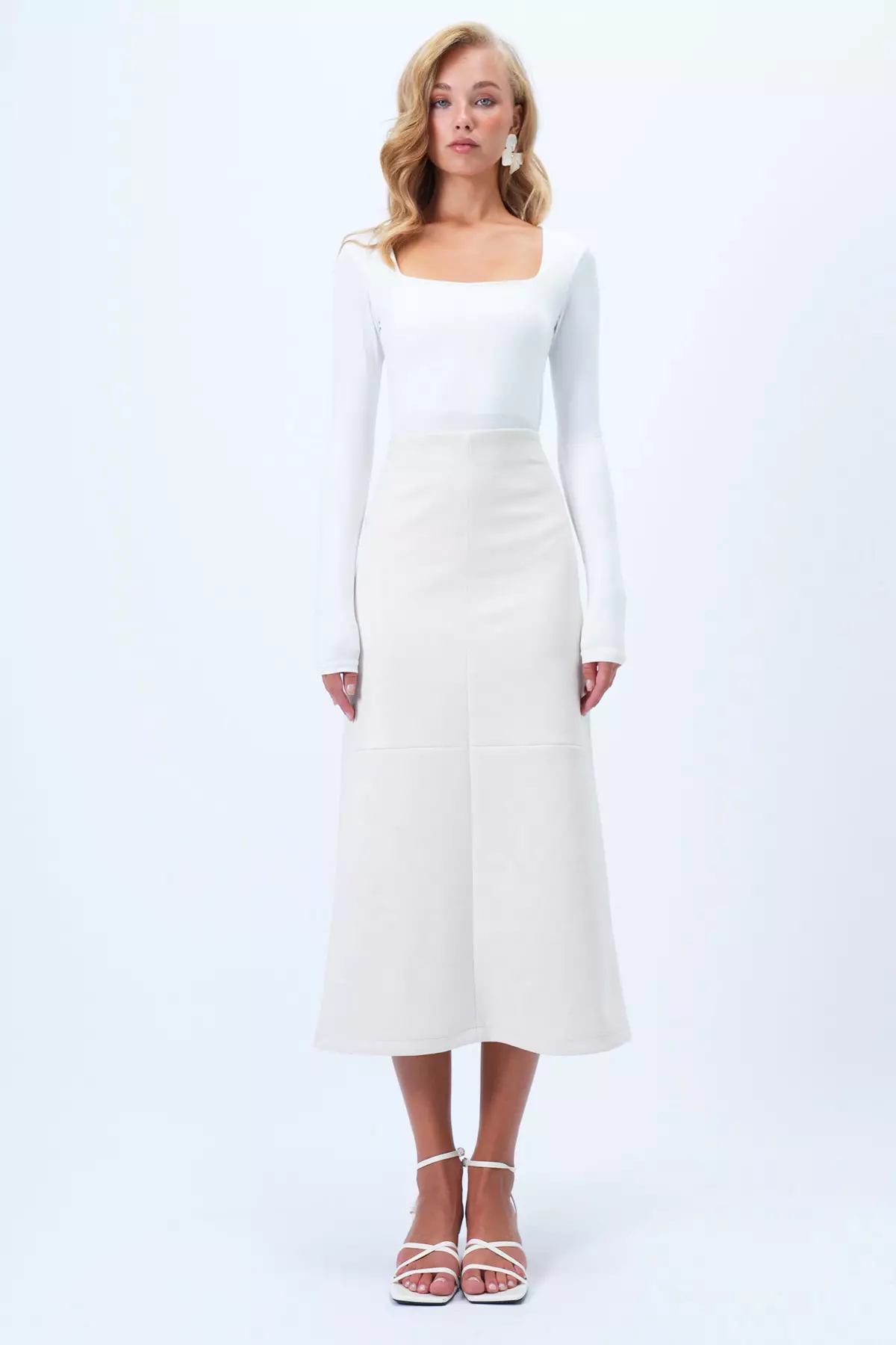 Women's Ecru Hidden Zippered Stitching Detailed Faux Suede Maxi Skirt Alc-X14407