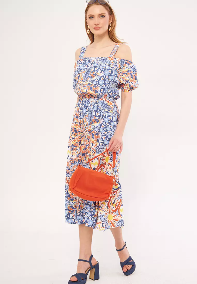 Cold Shoulder Pattern Midi Dress