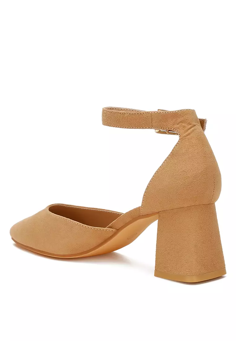 Microfiber Block Heel Sandals in Beige