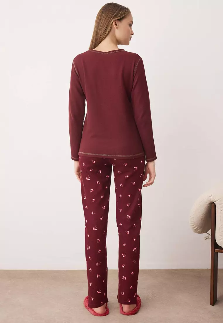 Burgundy Ribbon/Bow Soft Winter Waffle Knitted Pajamas Set Thmaw26Pt187