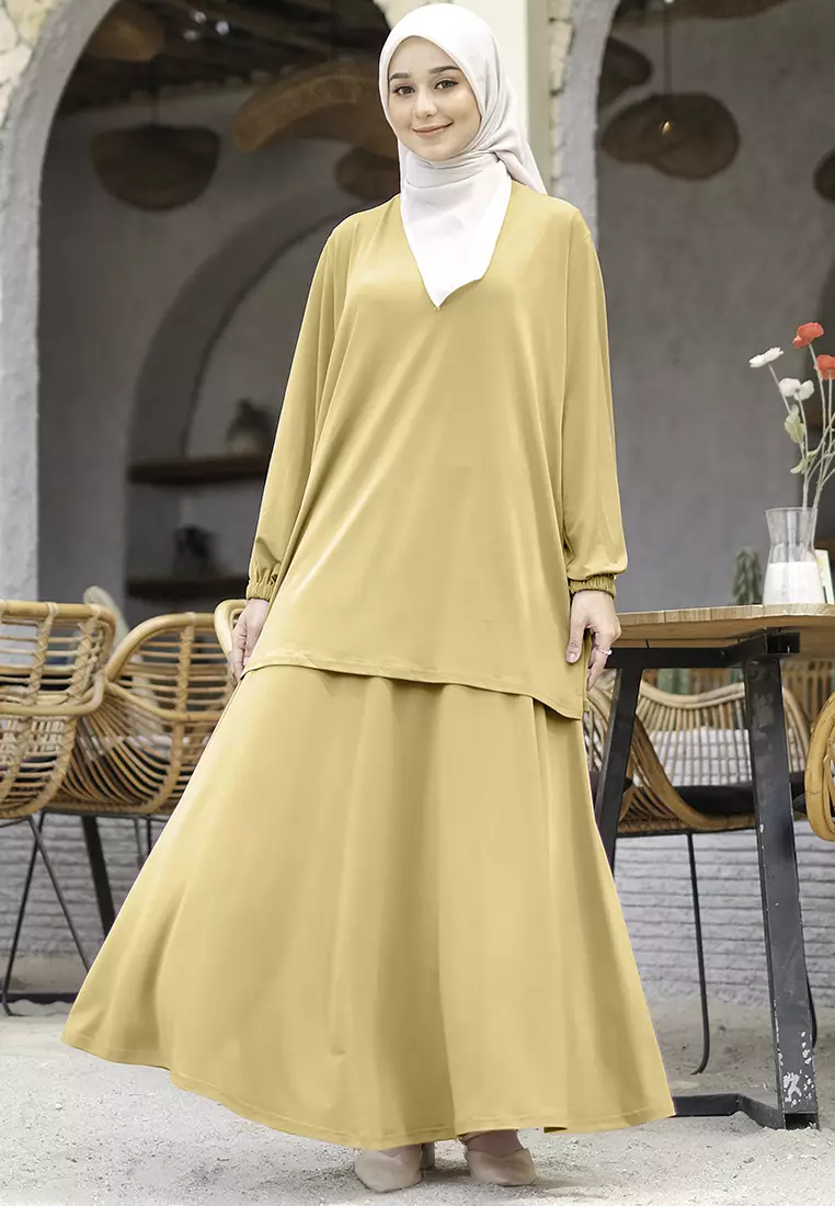JV Hasanah Oneset Skirt Jersey Baju Kurung Beige - Setelan Rok Jersey Baju Kurung Jumbo