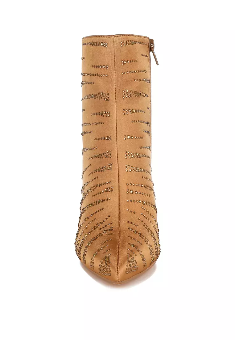 Sepatu Bot Pesta Satin Rhinestone Ankle Warna Coklat