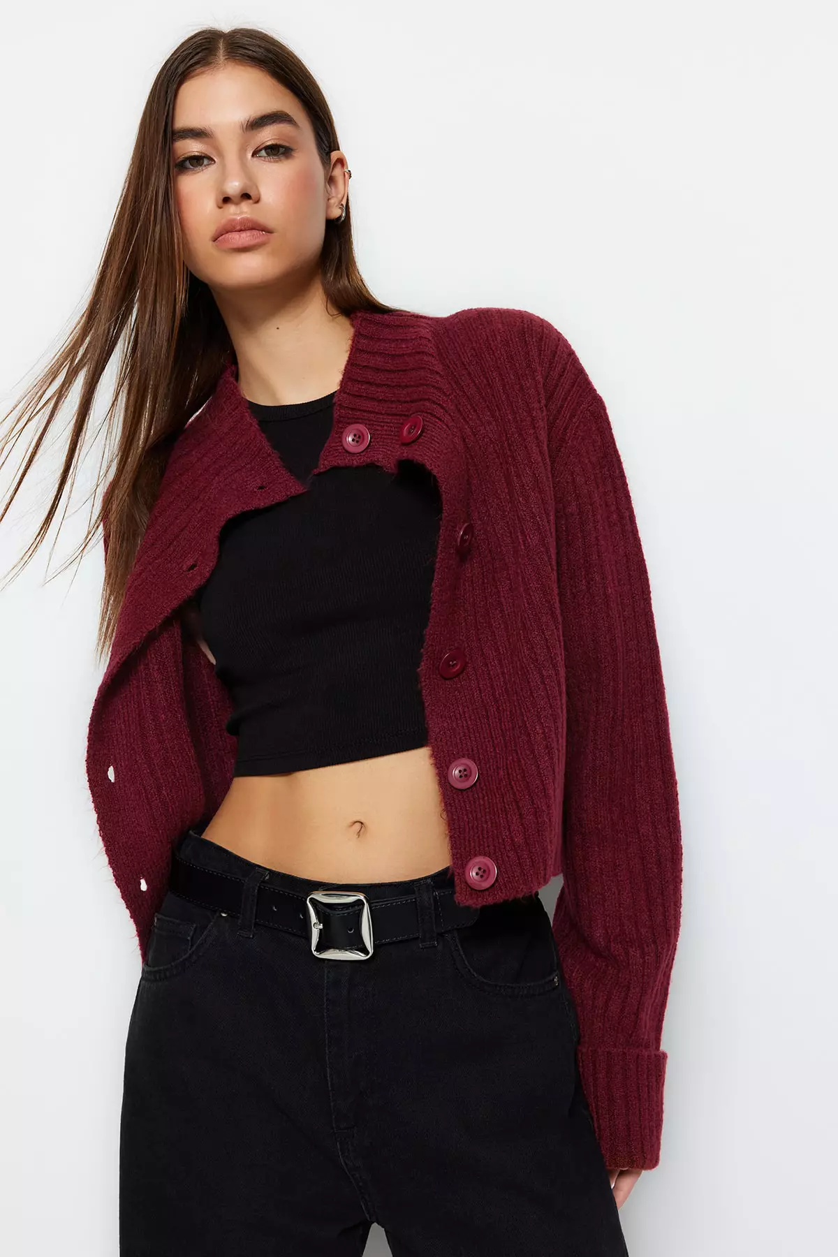 Claret Red Crop Soft Textured Stand Collar Knitwear Cardigan Twoaw22Hi174