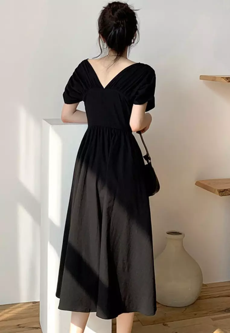 氣質收腰顯瘦方領A字連身裙 A22033115