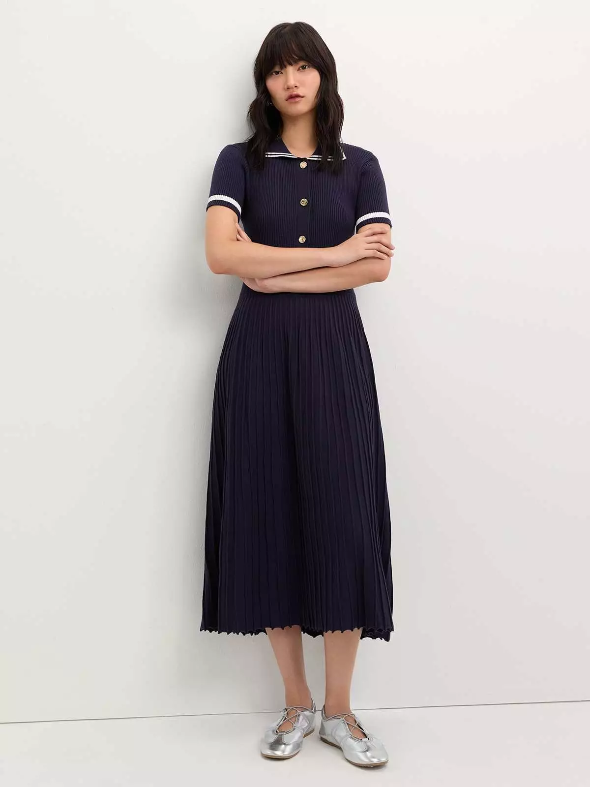 Pleated Polo Dress - Navy