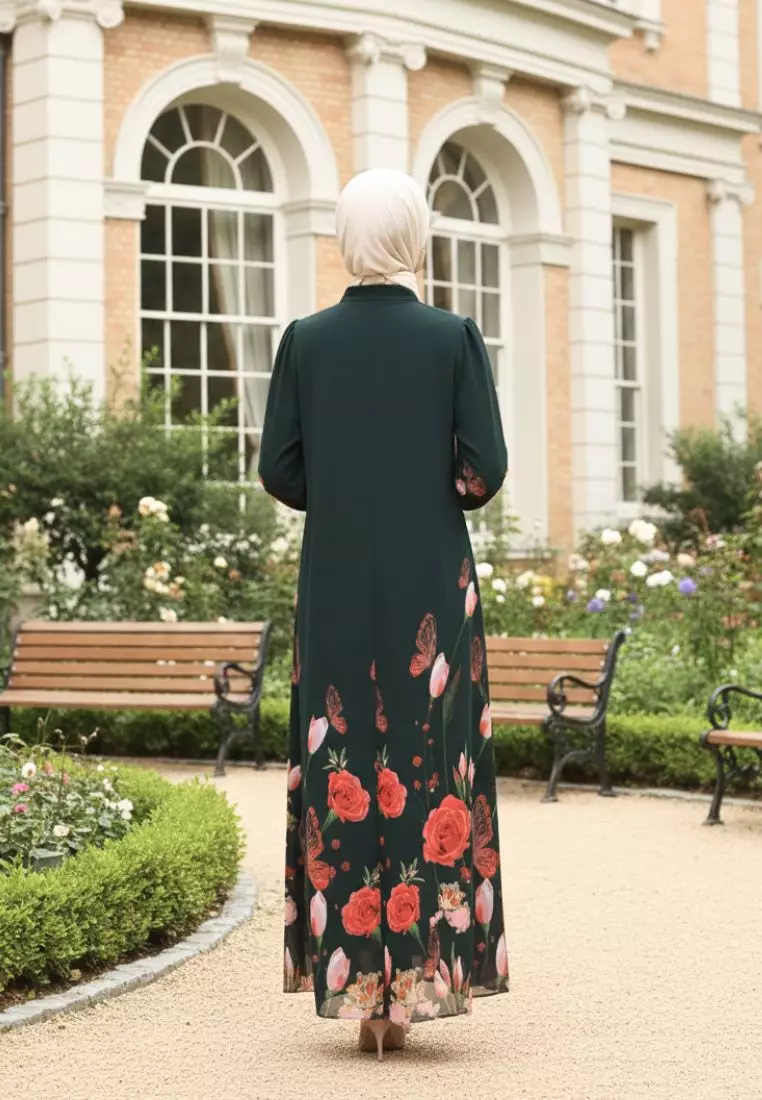 Mosleem Long Dress Floral Motif In Emerald Green By Brilliant Girl Warna HIJAU