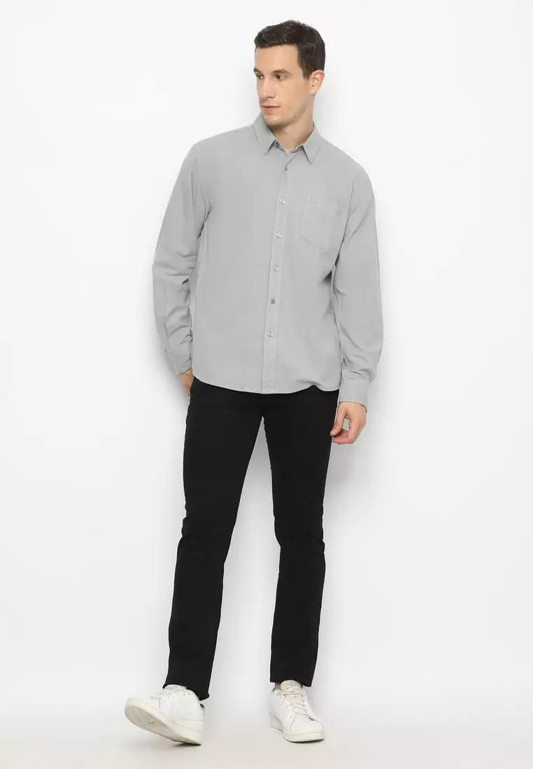 POLICE Kemeja Polos Cotton Slub Light Grey Regular Fit Lengan Panjang Pria