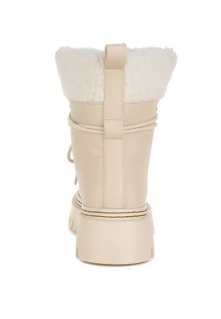 Fleece & Faux Leather Boots in Off White
