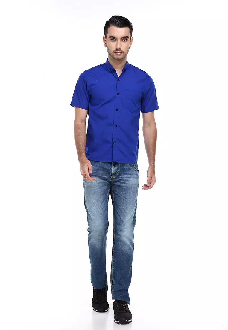 Dwan Casual Shirt Kemeja Polos Pria Lengan Pendek Kasual Formal Material Cotton ORIGINAL - Blue