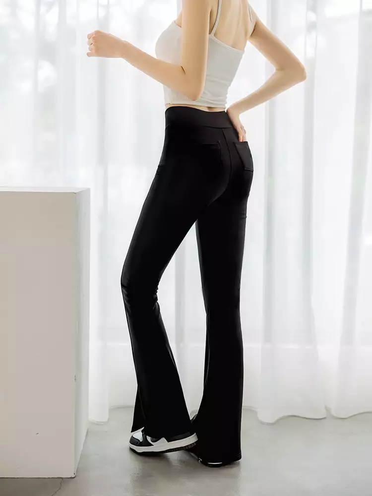 High-waisted slit flare black pants [BA7560]