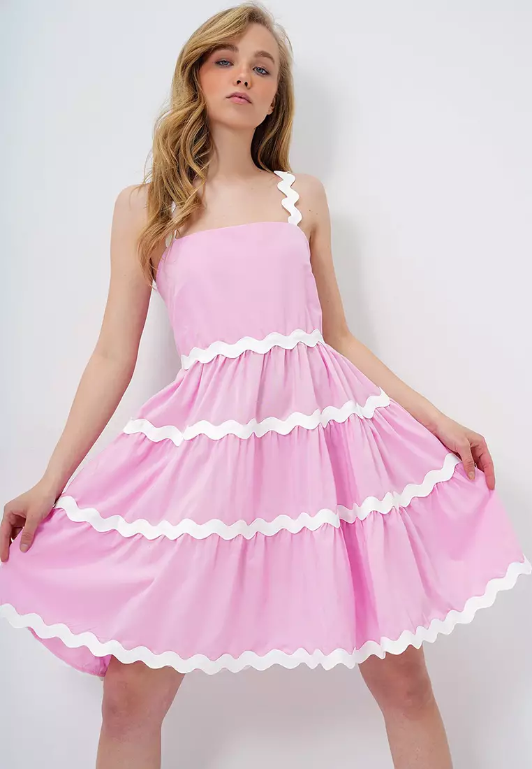 Women's Pink Zigzag Stripe Detailed Hidden Zipper Poplin Balloon Dress Alc-X14146