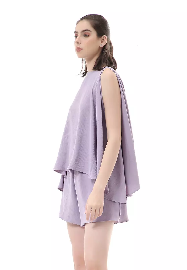 Nayra One Set Setelan Wanita Sleeveless Blouse with Short Pants Plain Motive Material Crepe Crinkle ORIGINAL - Lilac