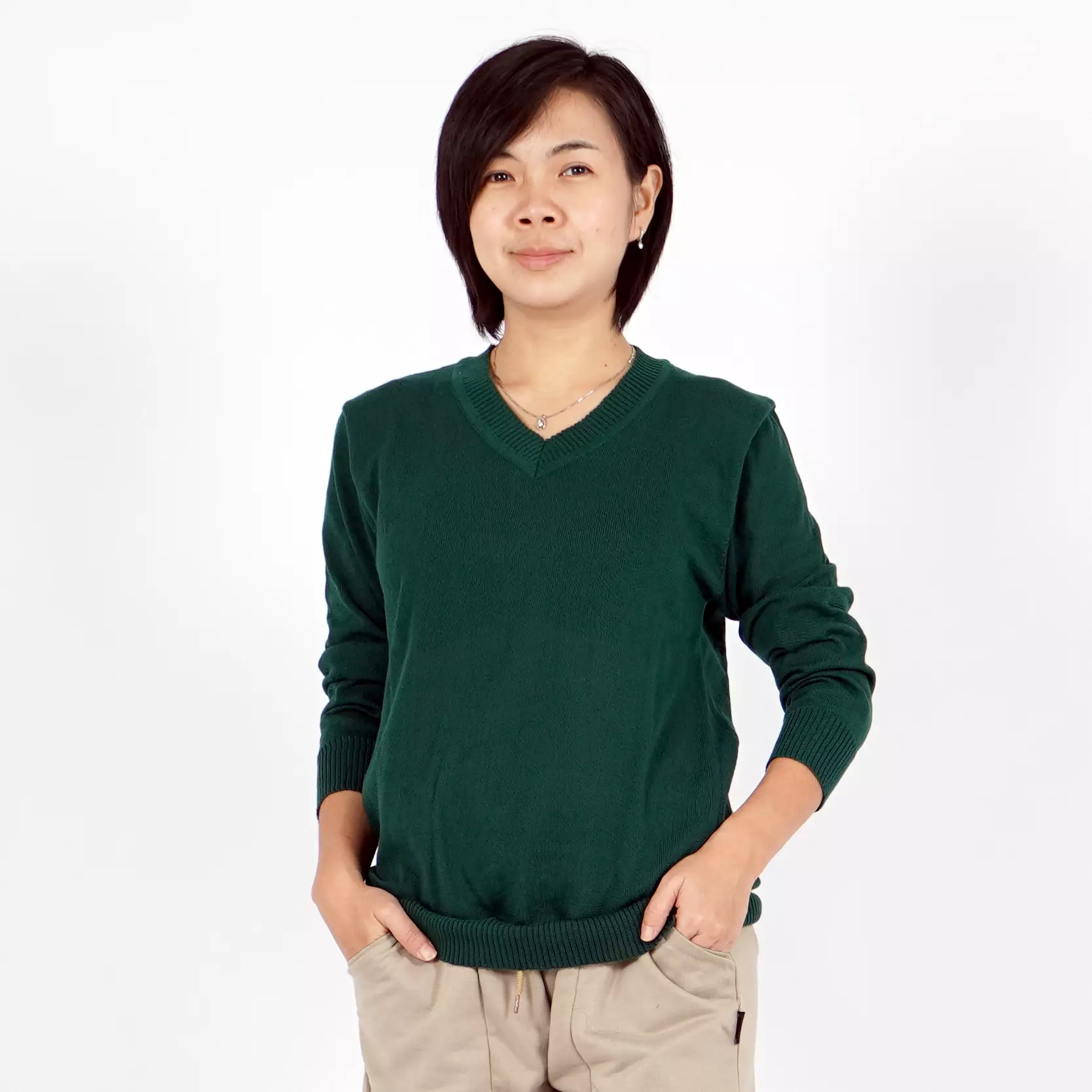 Vanessa Sweater Rajut Leher V Gaya Korea Knit Outer V Neck - HIJAU TUA