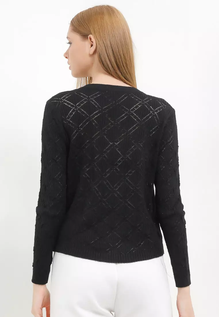 L/S Diamond Pattern Knit Cardigan W/ Rose Buttons