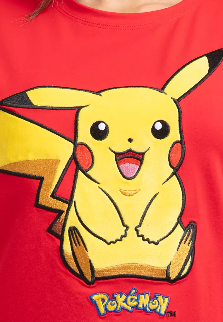 Forest X Pokemon Ladies Coral Fleece Textured Embroidered Pikachu Round Neck Tshirt Women - FP821000-51Red