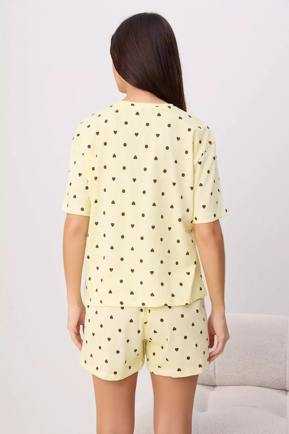 Yellow 100% Cotton Polka Dot And Heart Shorts Knitted Pajamas Set Thmss21Pt1485