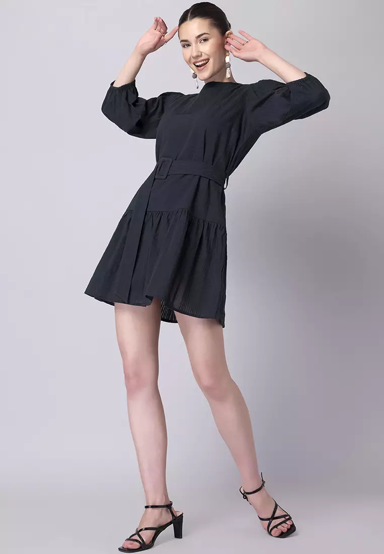 Navy Blue Cotton Shift Dress With Belt