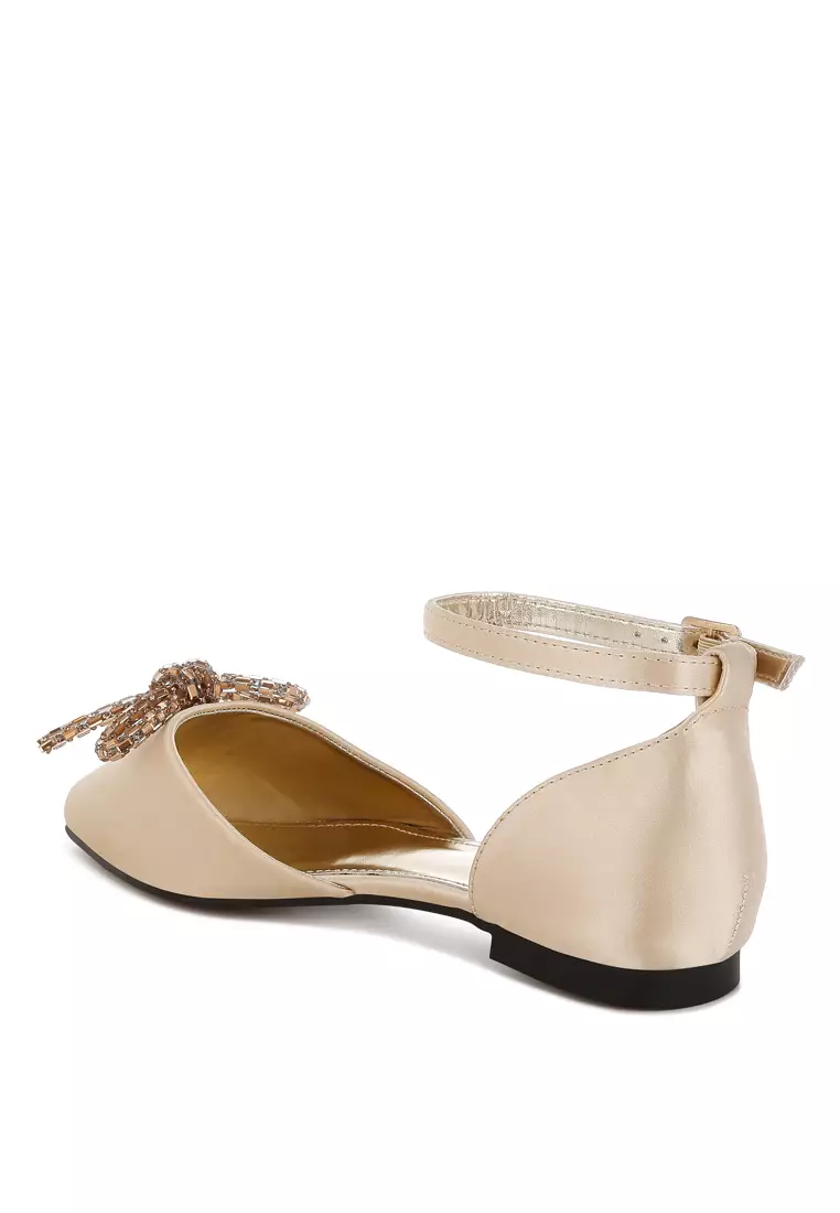Rhinestone Detail Bow Flat Sandals in Gold