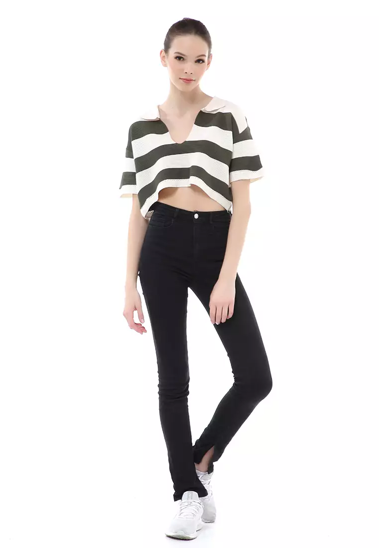 Albertine Atasan Crop Wanita Lengan Pendek Motif Salur Material Rajut ORIGINAL - Army Green