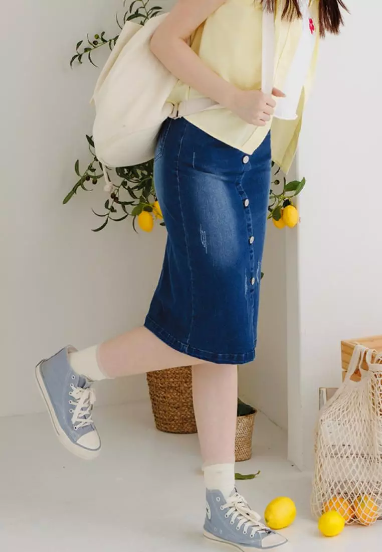 刷色排釦鬆緊腰頭Ａ字牛仔中長裙《CA1610》