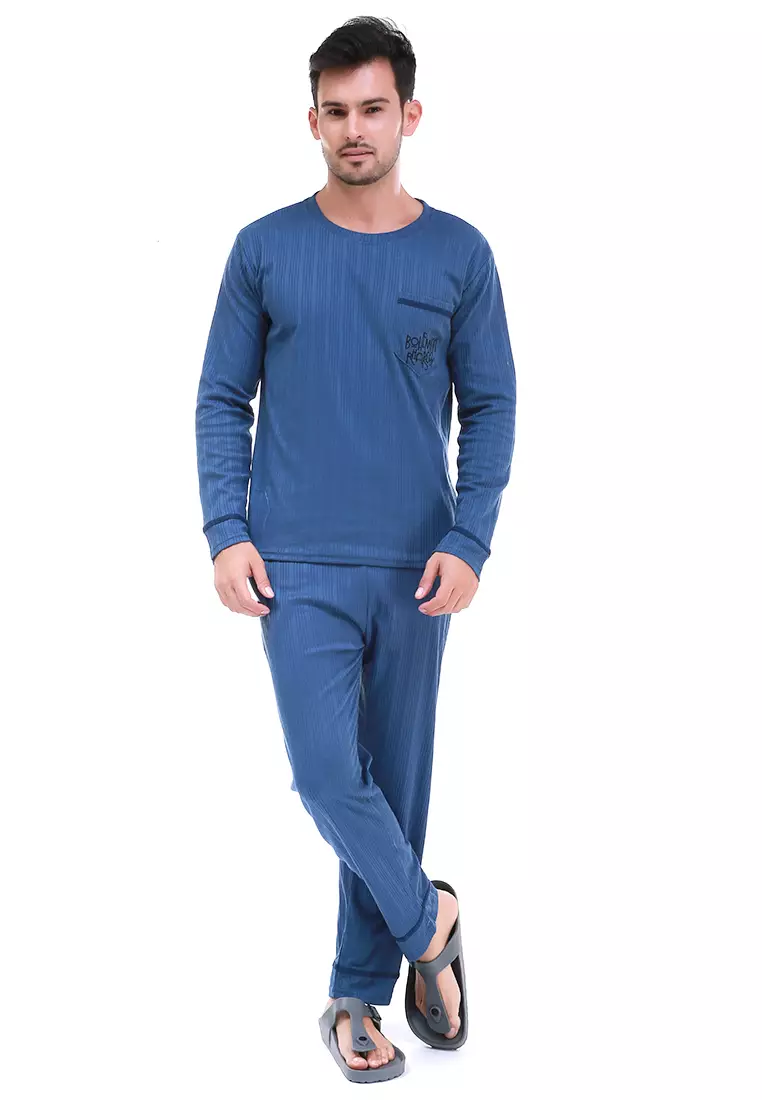 Klicin Setelan Baju Tidur Piyama Pria Word Pockets One Set Sleepwear Pajamas Material Fabric ORIGINAL - Navy