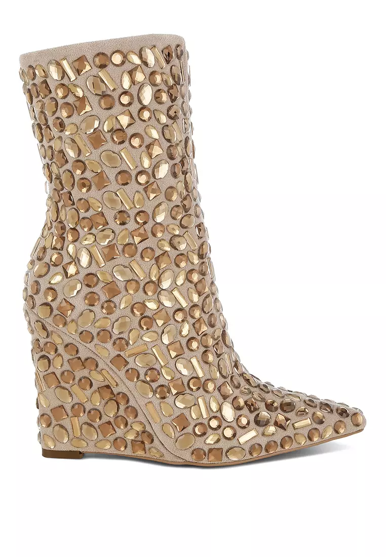 Discount on London Rag  shoes - SKU: Diamante Slim Wedge Heel Boots in Beige