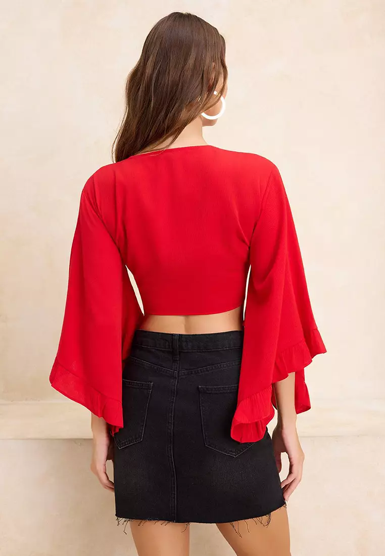 Woven Ruffle Beach Crop Blouse