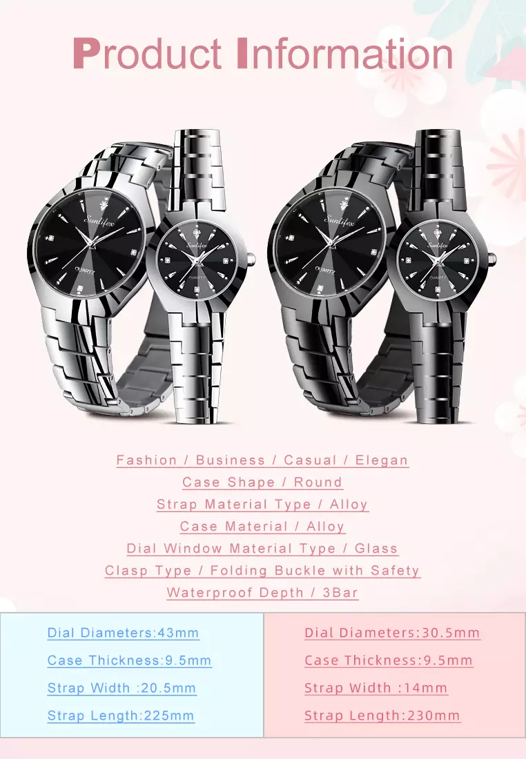 Jam Tangan Couple 9090-M+SL9090-W Stainless Steel Berlian Anti Air Analog Bisnis Kuarsa Jam Tangan Wanita/Pria allblack